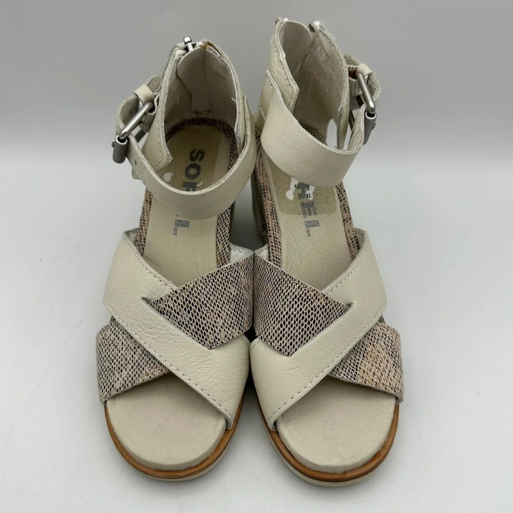 Sorel‎ Joanie II Wedge Sandals Womens 6 Cream Tan Snakeskin Leather NL2834-125